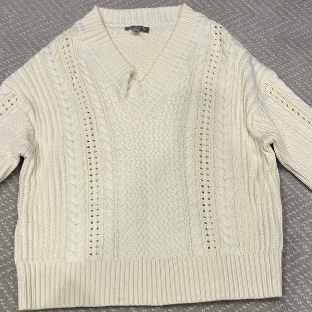 J. Crew Cream V-Neck Sweater with Cable Knit Design